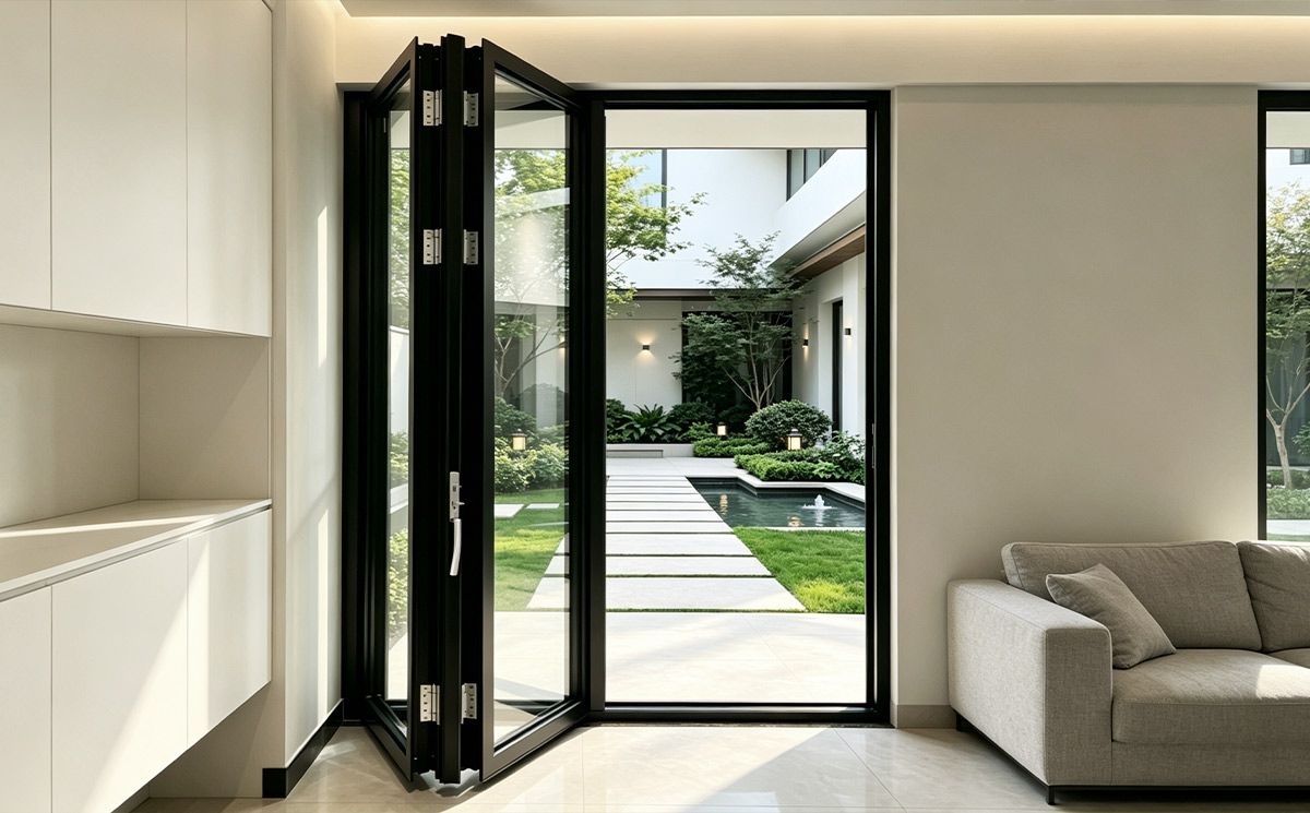 Luxury Villa Living Room with Panoramic Corner Folding Glass Doors Opening to Greenery