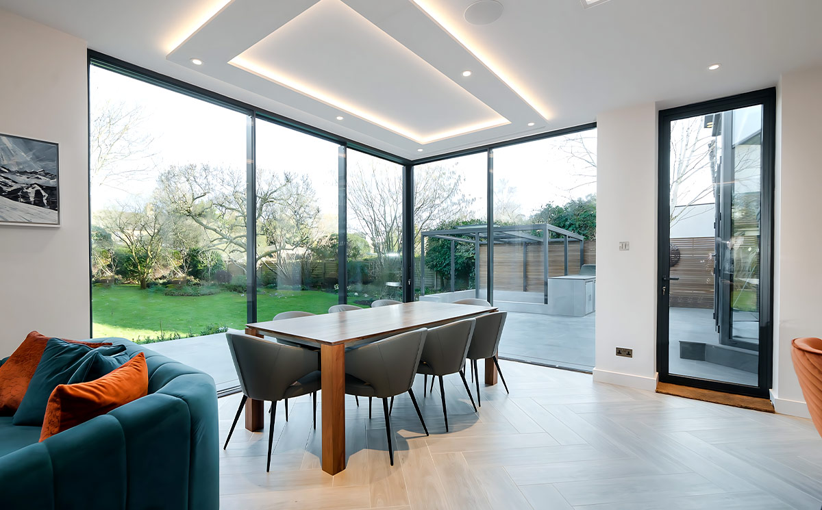 Corner openable ultra slim sliding door system in modern luxury dining room