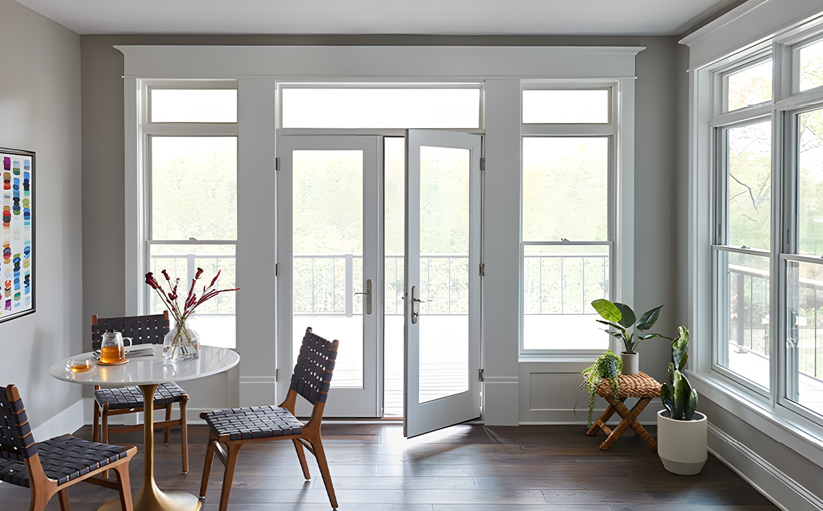 White inswing French doors with transom window and matching sidelights in a sunny dining room