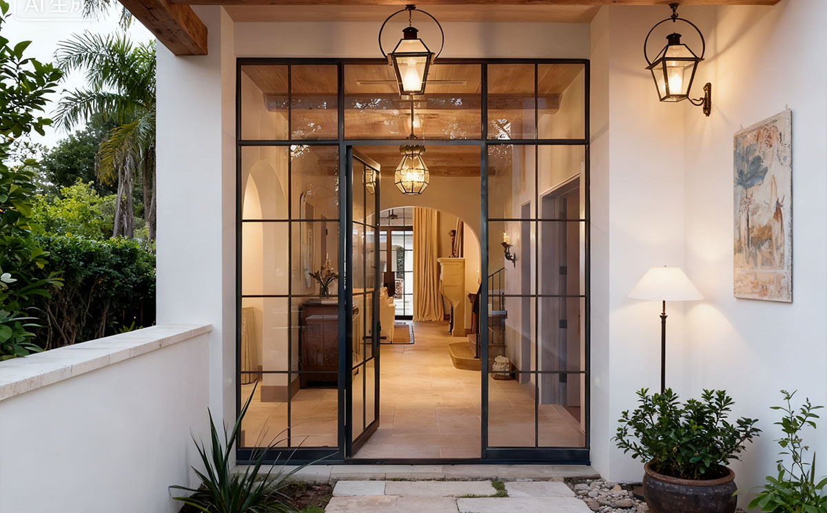 Slim aluminum French doors interior with fixed sidelights and transom glass wall