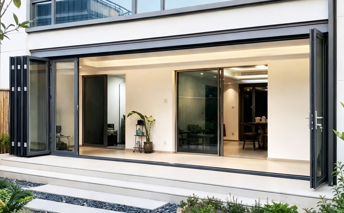 Large exterior folding patio doors stacked neatly on both sides of a contemporary home entryway