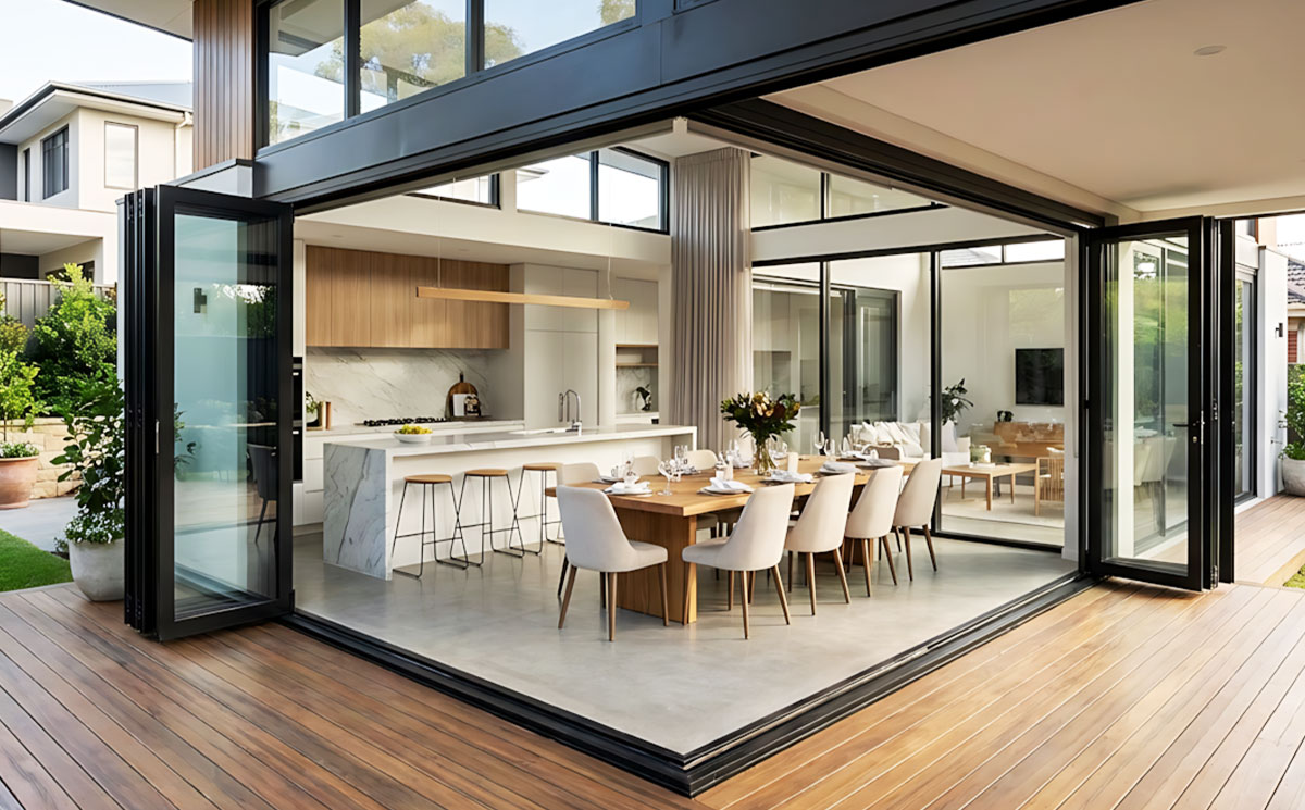 Modern luxury dining room featuring a seamless corner bifold door system opened to an outdoor wooden deck