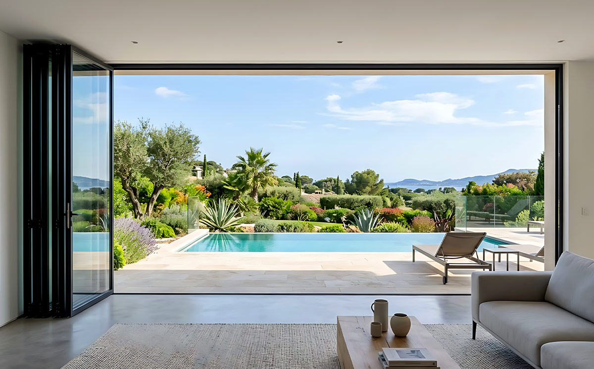 Large span exterior folding doors neatly stacked to one side, opening a luxury living room to a private pool and garden view