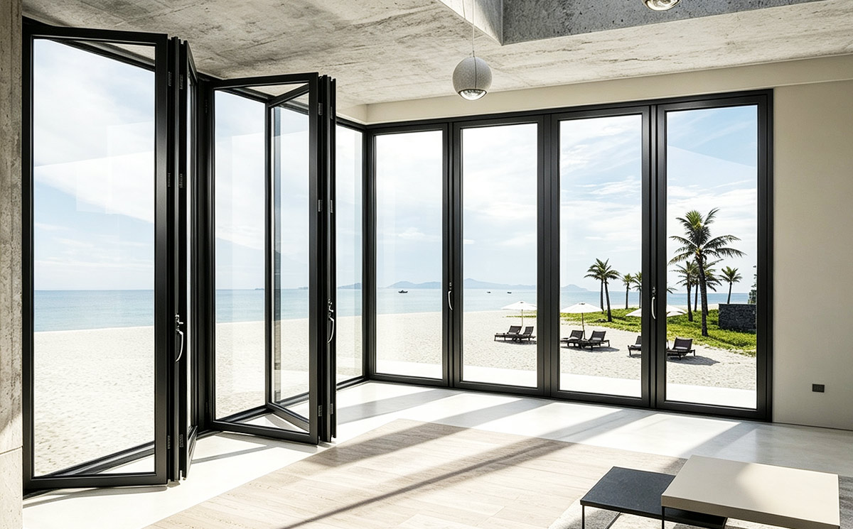 Panoramic glass folding doors with slim aluminum frame facing luxury beachfront ocean view