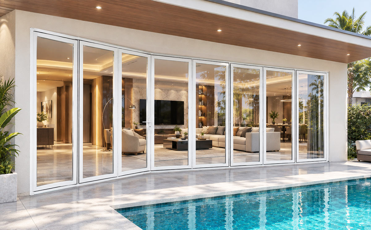 Multi panel thermal break aluminum folding door system installed alongside luxury villa swimming pool terrace