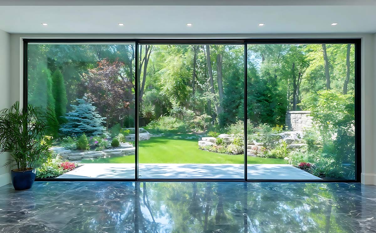 Full view custom ultra slim sliding door system facing garden landscape