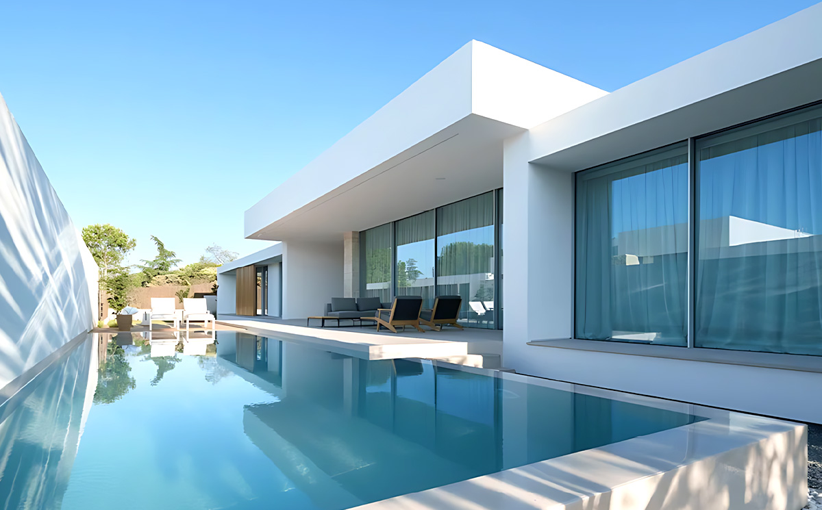 Luxury modern villa exterior facade featuring slim frame sliding doors and sparkling swimming pool