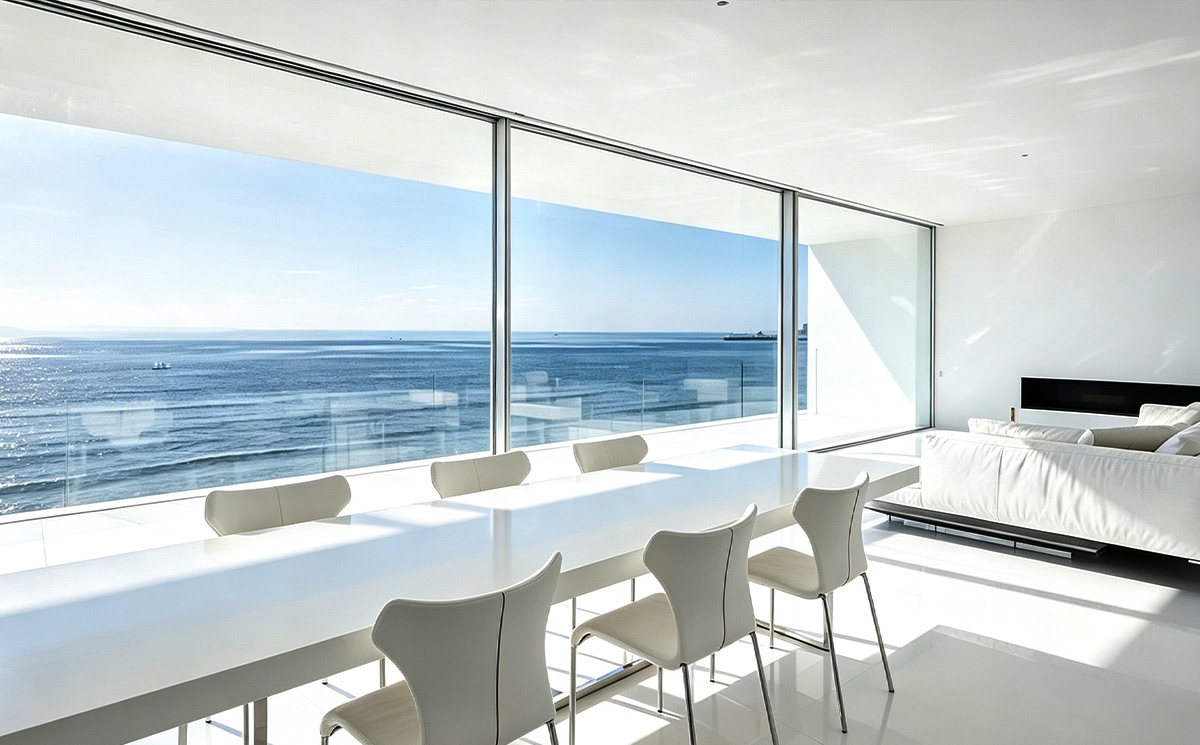 Panoramic glass sliding door system in luxury dining room overlooking ocean view